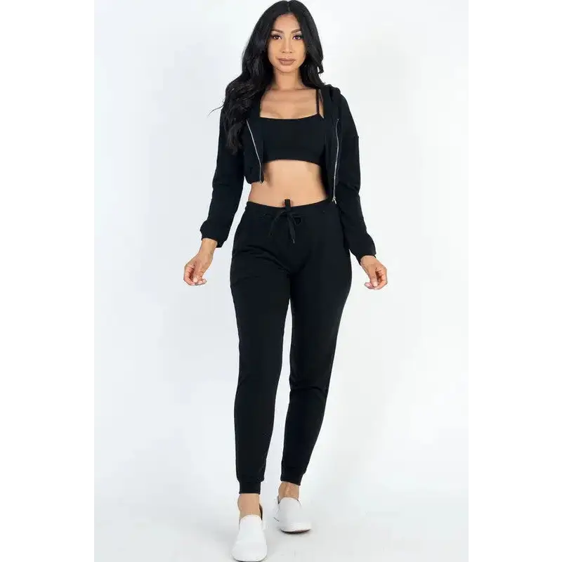 Cropped Cami with Zip-up Jacket and Joggers Set.