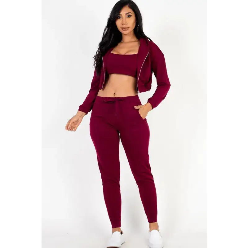 Cropped Cami with Zip-up Jacket and Joggers Set.