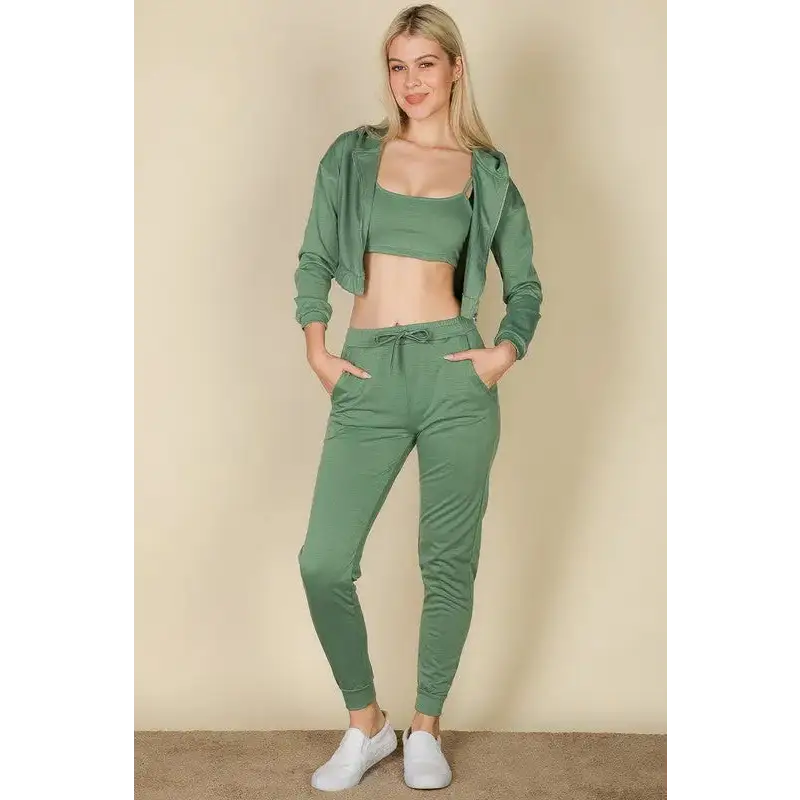 Cropped Cami with Zip-up Jacket and Joggers Set.