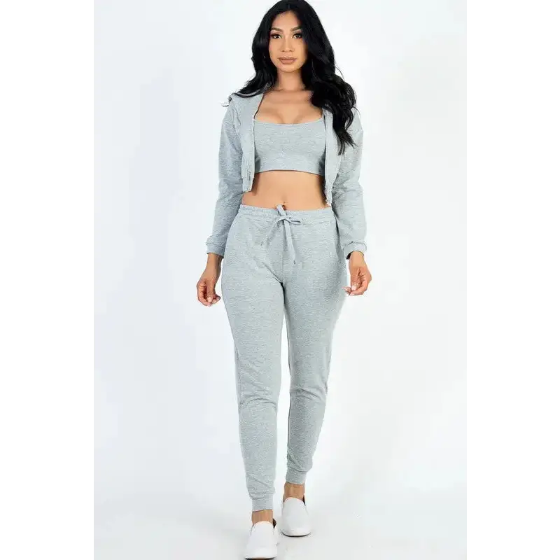 Cropped Cami with Zip-up Jacket and Joggers Set.