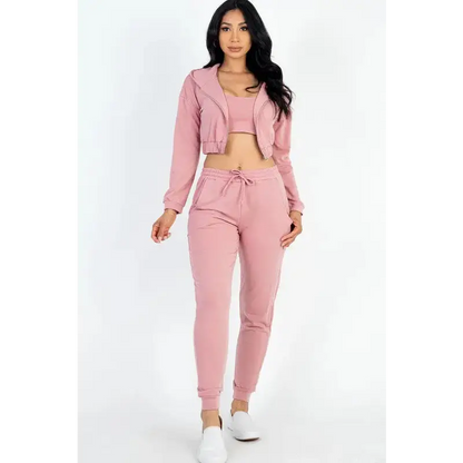 Cropped Cami with Zip-up Jacket and Joggers Set.