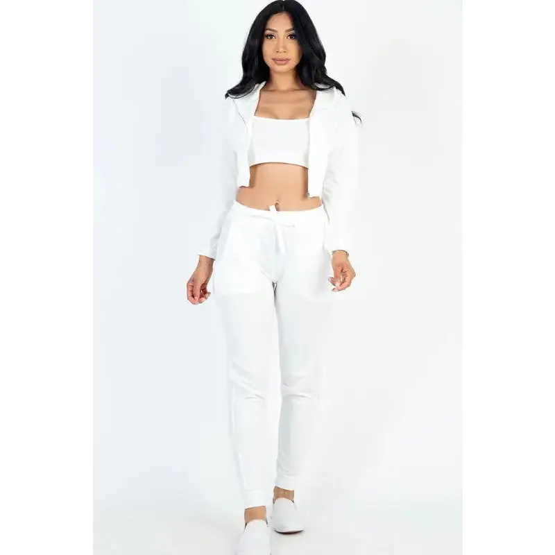 Cropped Cami with Zip-up Jacket and Joggers Set.