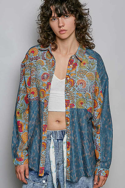 Patchwork Mixed Textured Paisley Floral Stripe Long Sleeve Shirt