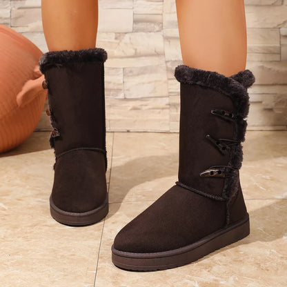 Mid-calf faux fur-lined winter boots with toggle buttons