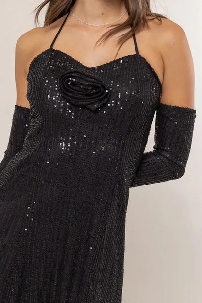Sequin Rosette Halter Mini Dress.