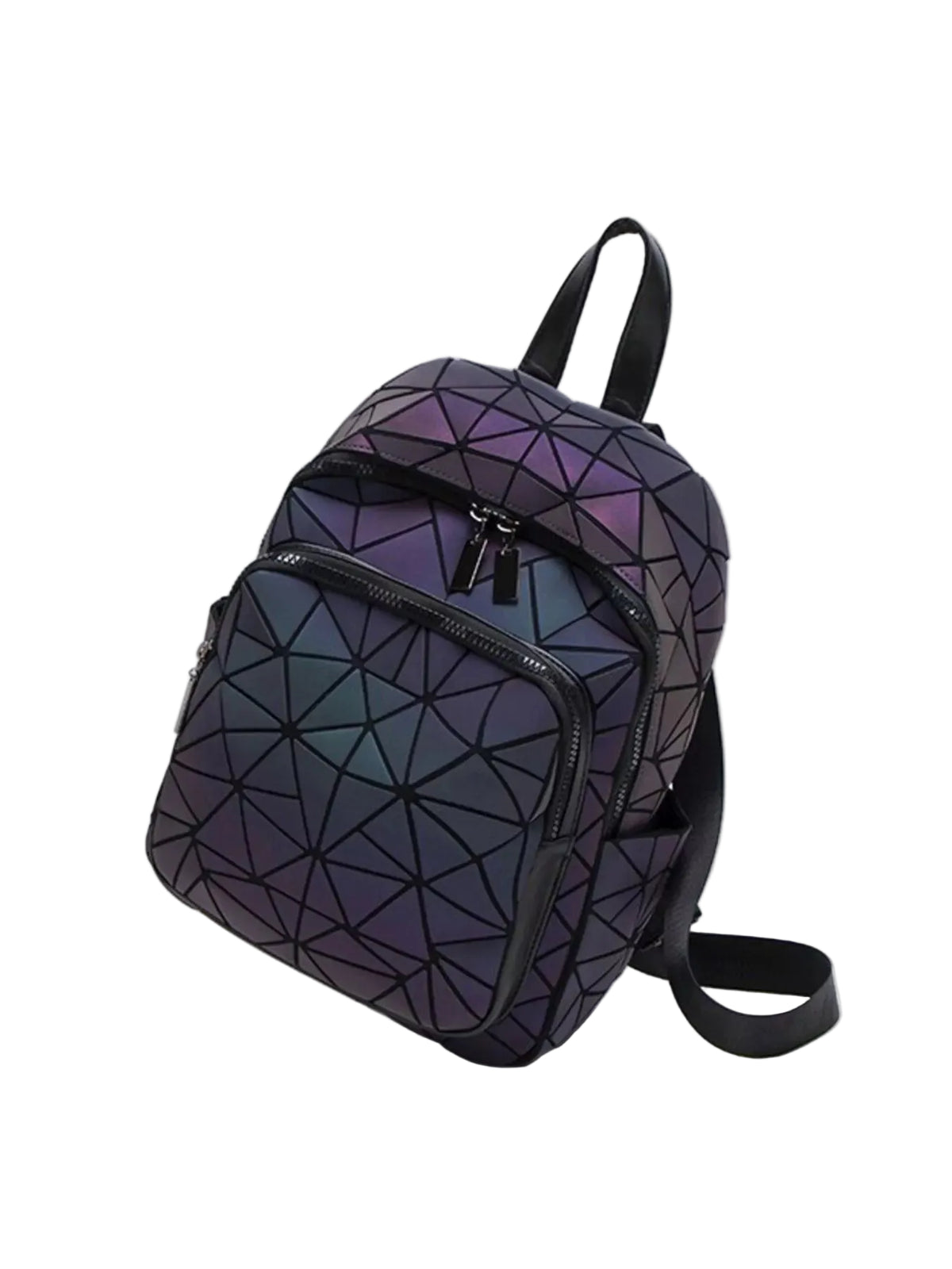 A geometric patterned backpack with an iridescent finish shifting from purple to blue and green, featuring black zippers and straps, shown on a plain white background.
