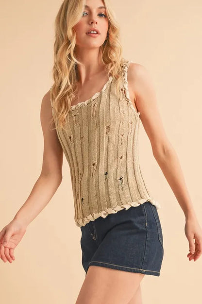 Distressed Detail Round Neck Knit Tank.