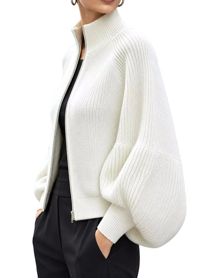 Elegant Ribbed Knit Zip-Up Cardigan with Lantern Sleeves