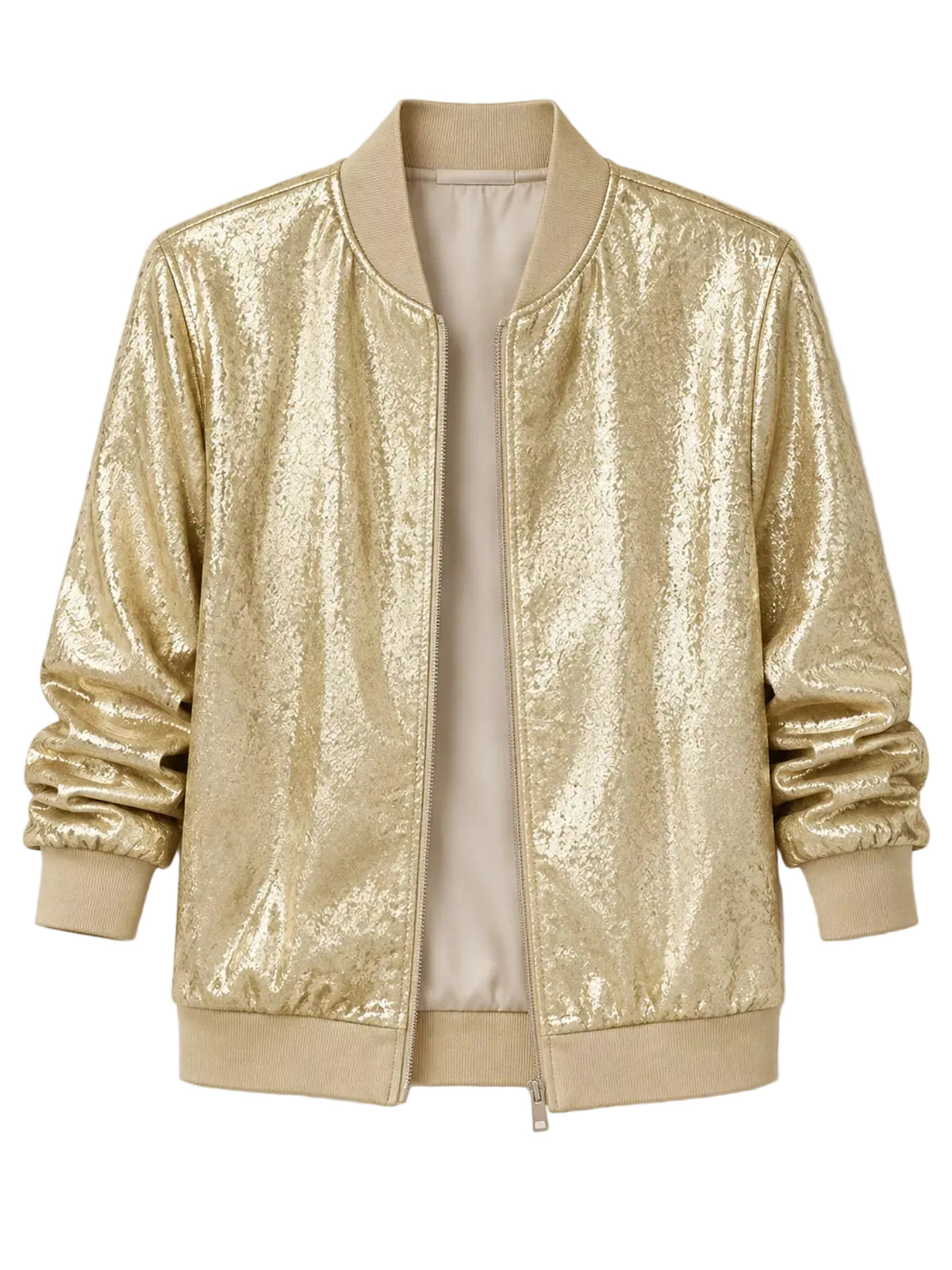A gold sequined bomber jacket with ribbed collar, cuffs, and hem, displayed on a neutral light beige background.