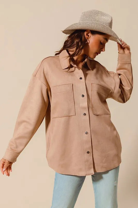 Suede Snap Shacket with Collar and Pockets.
