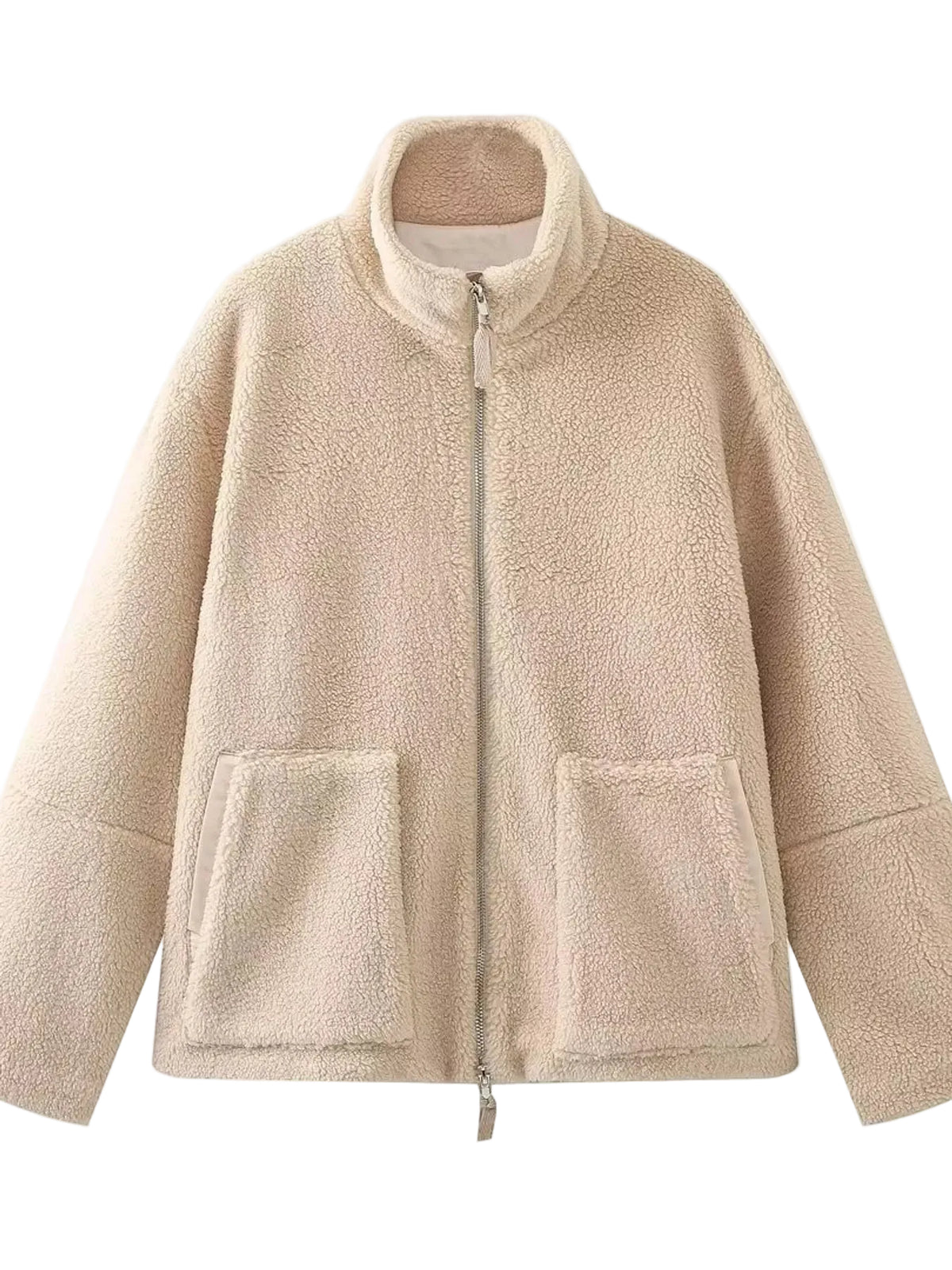 A beige sherpa fleece zip-up jacket with a stand-up collar and two front patch pockets, shown against a plain white background.