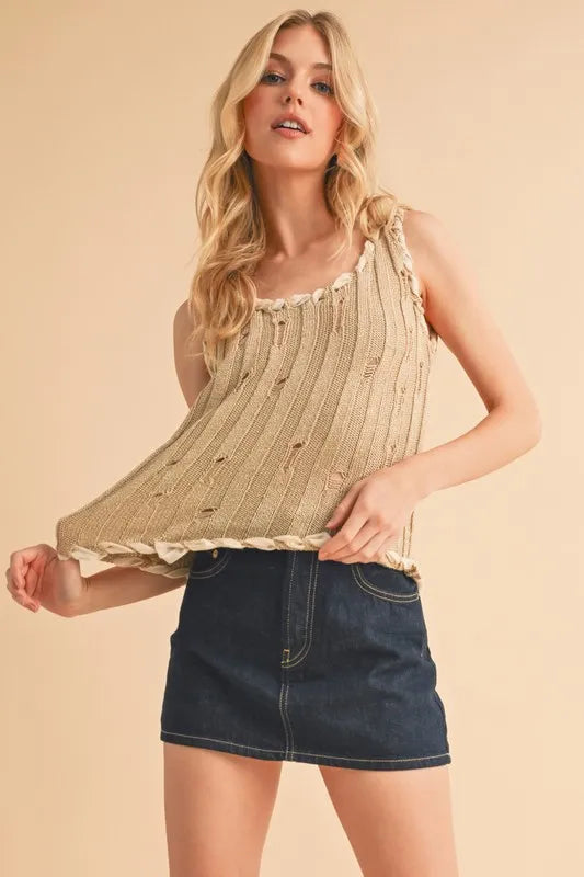 Distressed Detail Round Neck Knit Tank.