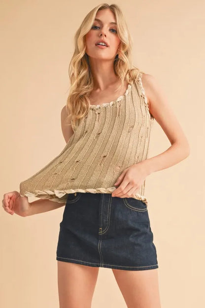 Distressed Detail Round Neck Knit Tank.
