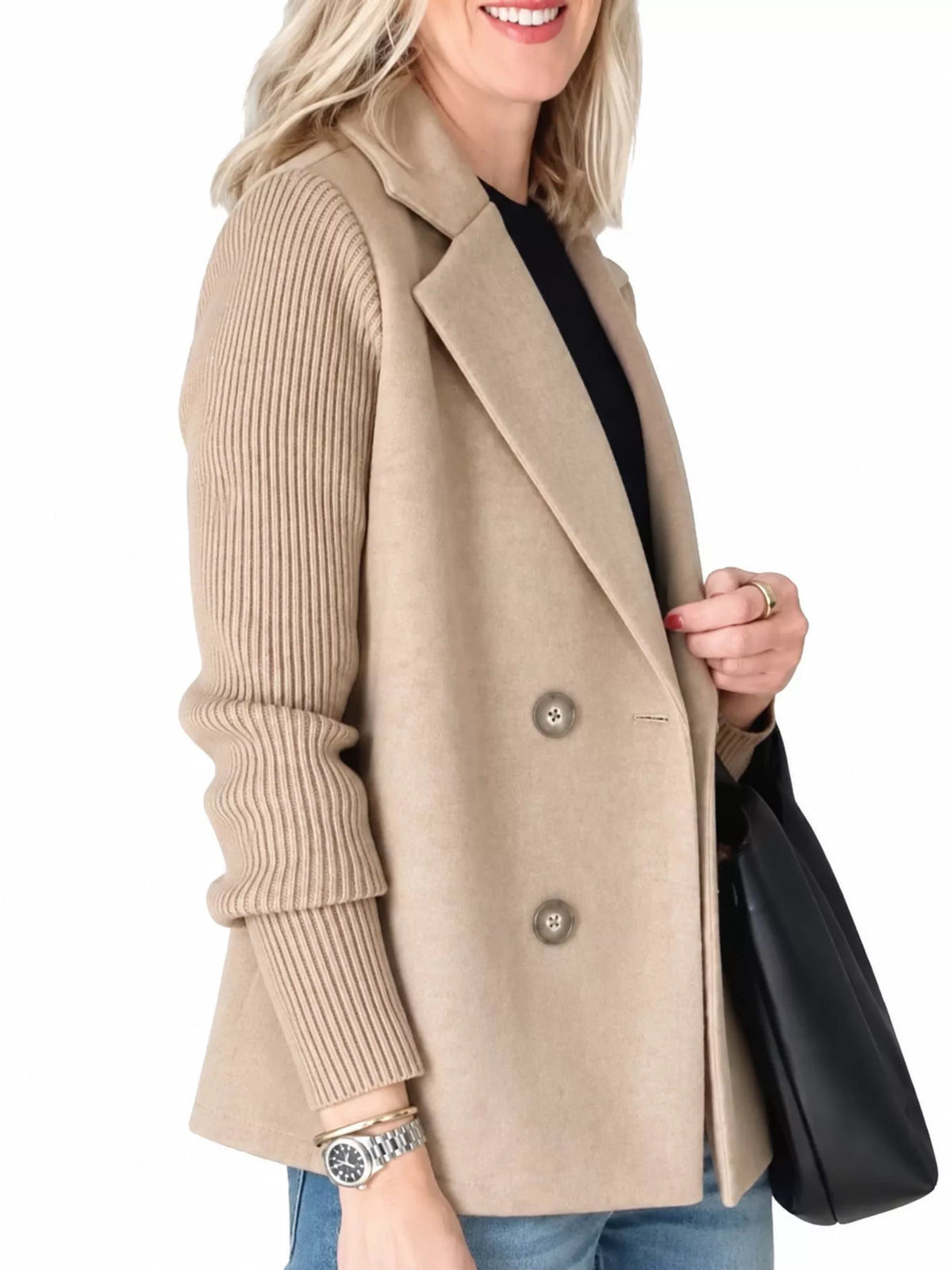 Double-Breasted Hybrid Blazer with Ribbed Knit Sleeves
