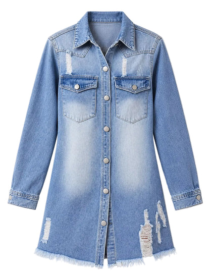 Distressed Frayed Hem Longline Denim Jacket
