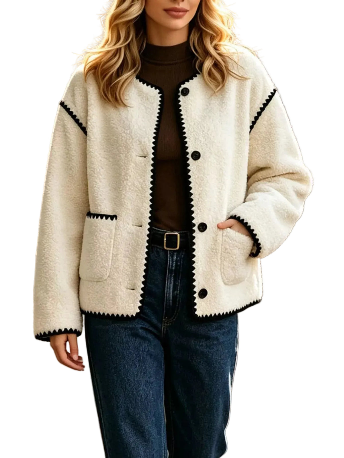 A woman wearing a cream-colored, sherpa-textured cardigan with black zigzag trim, styled over a dark brown turtleneck and blue jeans.
