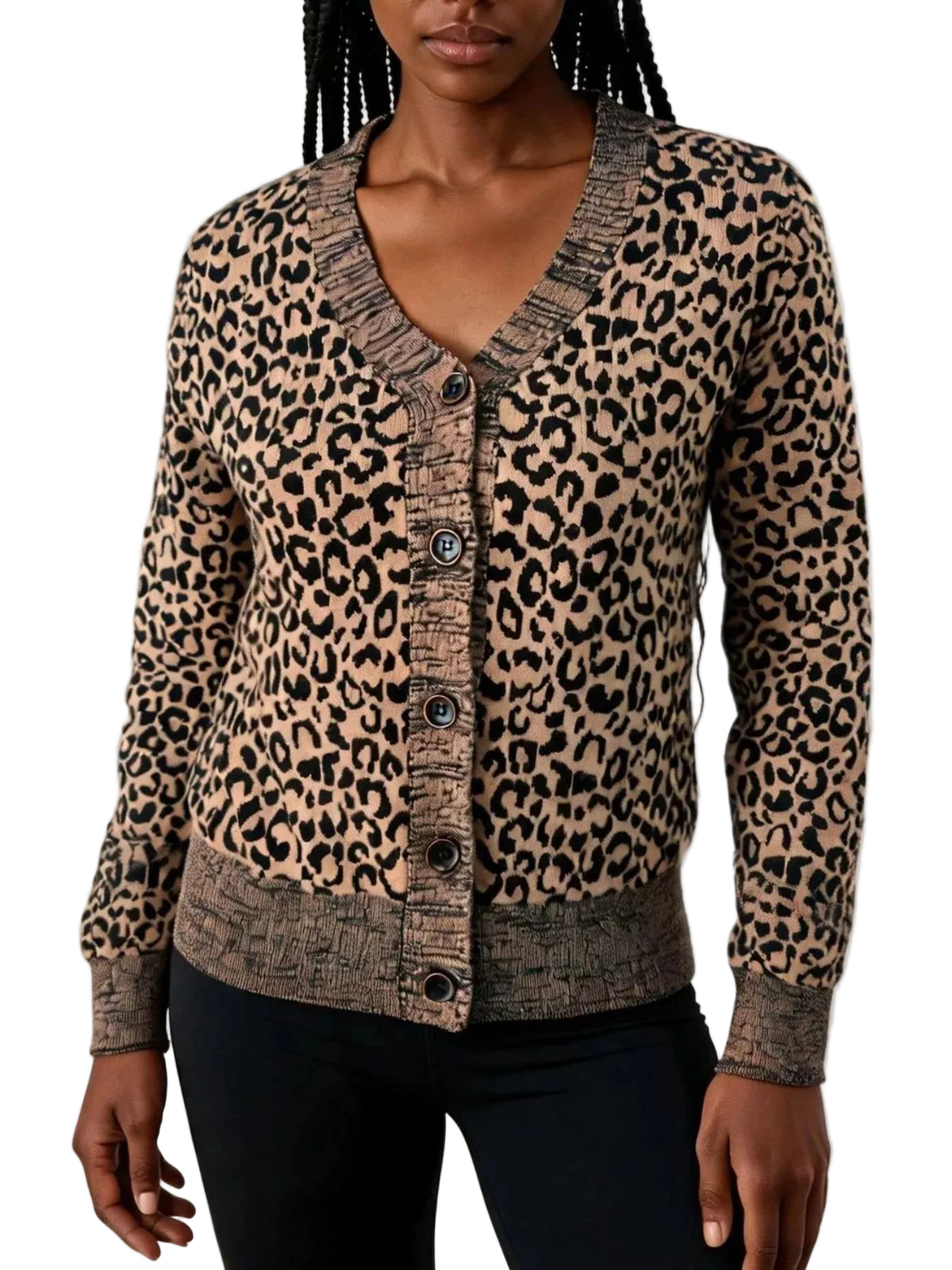 A woman wearing a leopard print cardigan sweater with a V-neck, button-front closure, and ribbed cuffs and hem, paired with black pants against a plain light background.