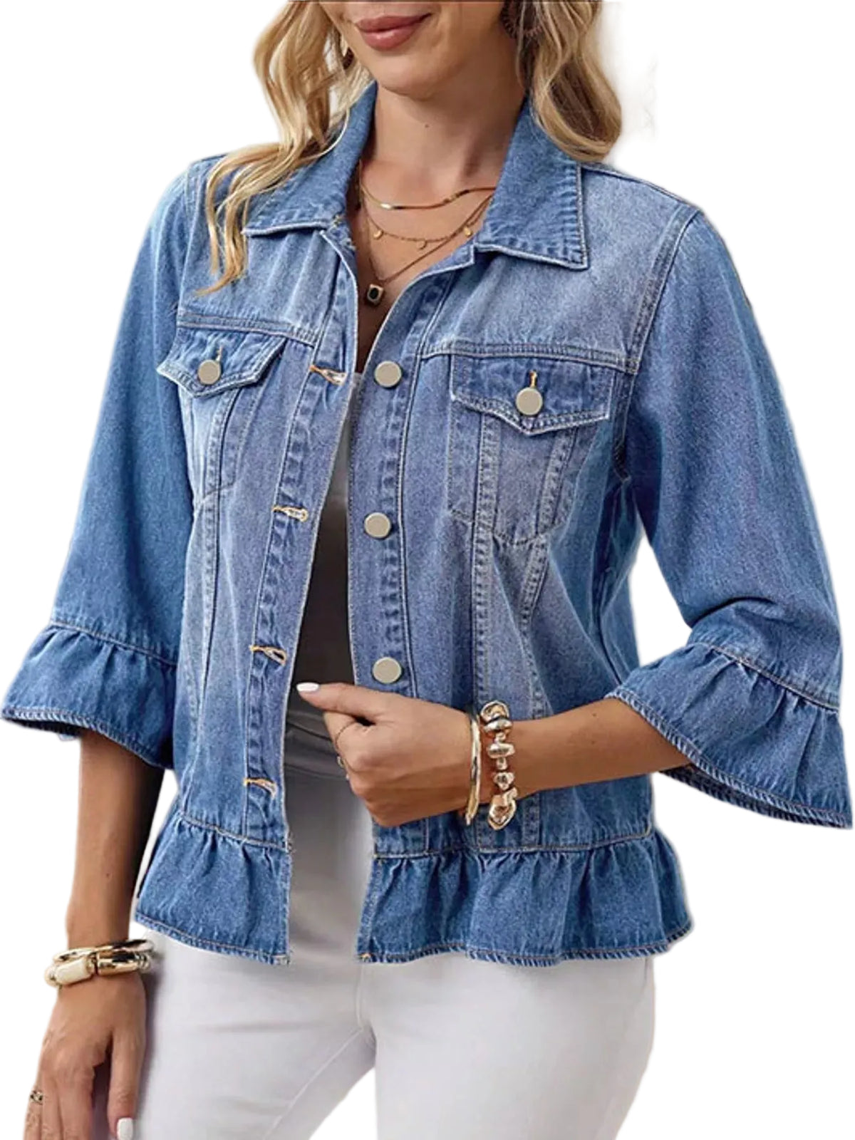 A woman wearing a light blue denim jacket with three-quarter ruffled sleeves and a ruffled hem, paired with white pants.
