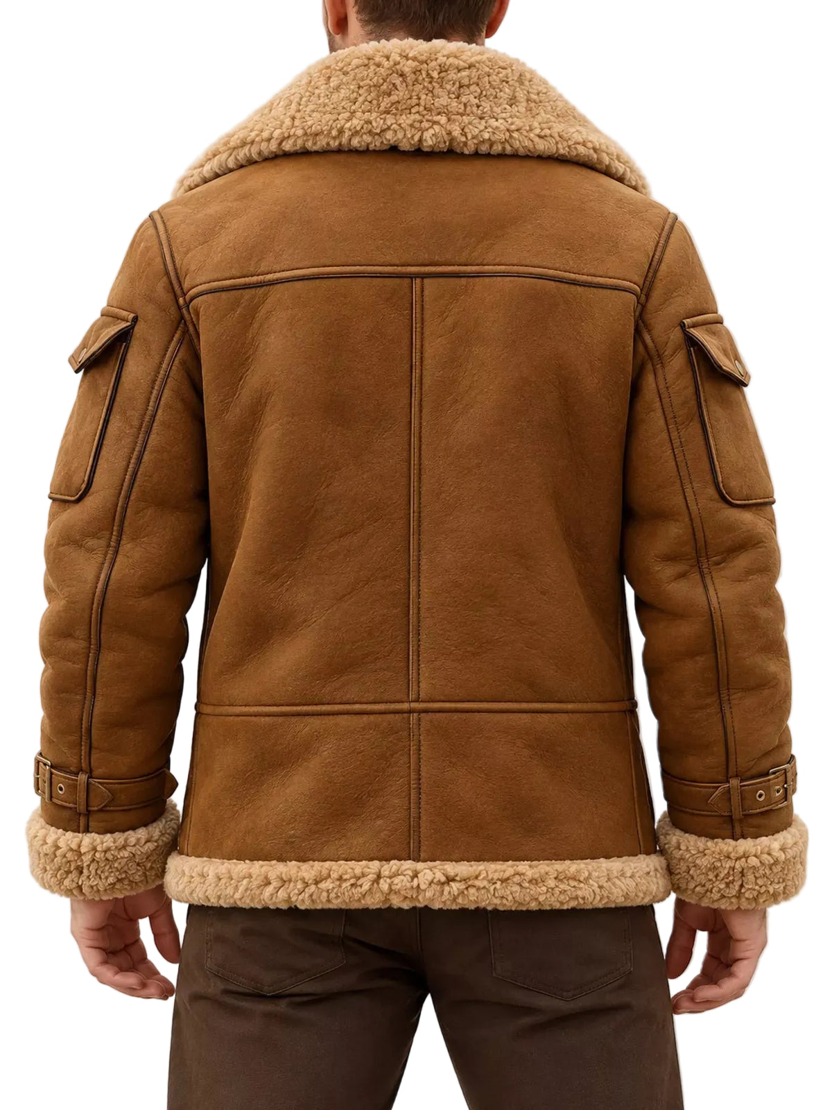 A man viewed from the back wearing a brown suede aviator jacket with a beige sherpa lining on the collar, cuffs, and hem, paired with dark brown trousers against a light gray studio background.
