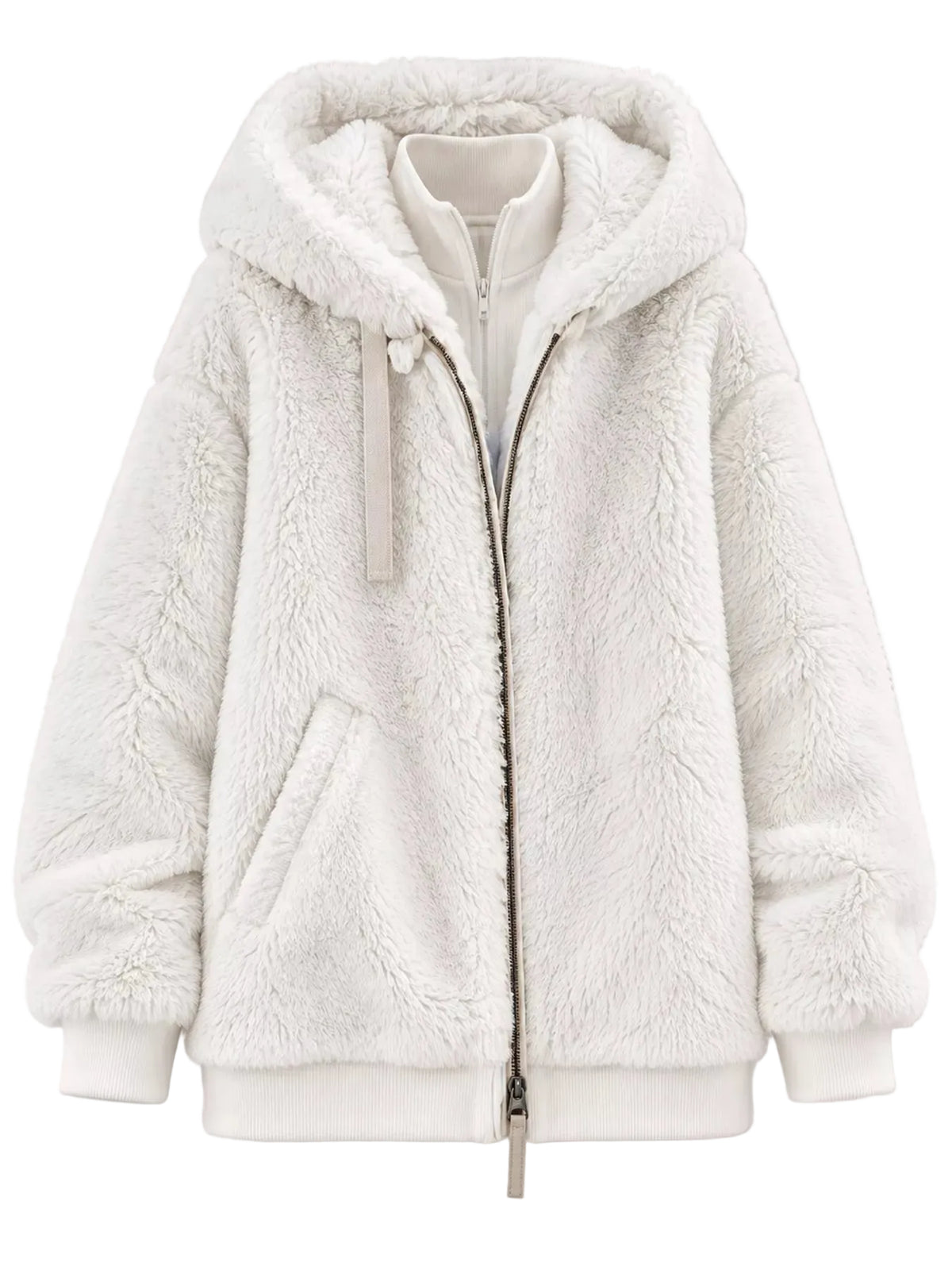 A white sherpa fleece zip-up hoodie jacket with a plush hood, ribbed cuffs and hem, and a front zipper, shown against a neutral light gray background.