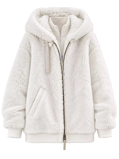 A white sherpa fleece zip-up hoodie jacket with a plush hood, ribbed cuffs and hem, and a front zipper, shown against a neutral light gray background.