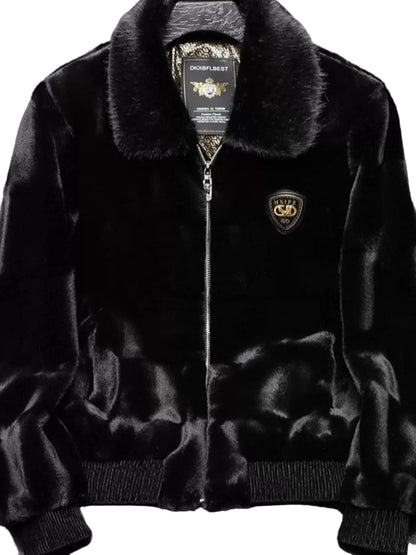 A black faux fur jacket with a plush collar, front zipper, ribbed knit cuffs and hem, and a small shield logo on the left chest. The brand label reads Door Fleet.