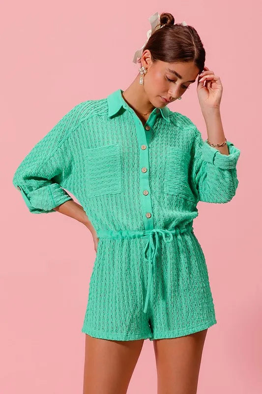 Textured Knit Button Front Romper.