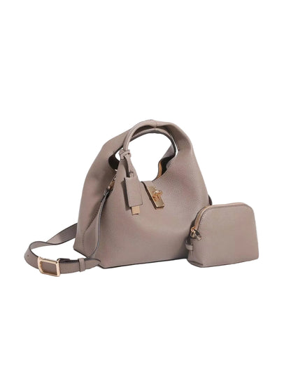 A taupe leather handbag with a matching zippered pouch, displayed on a clean light gray background.