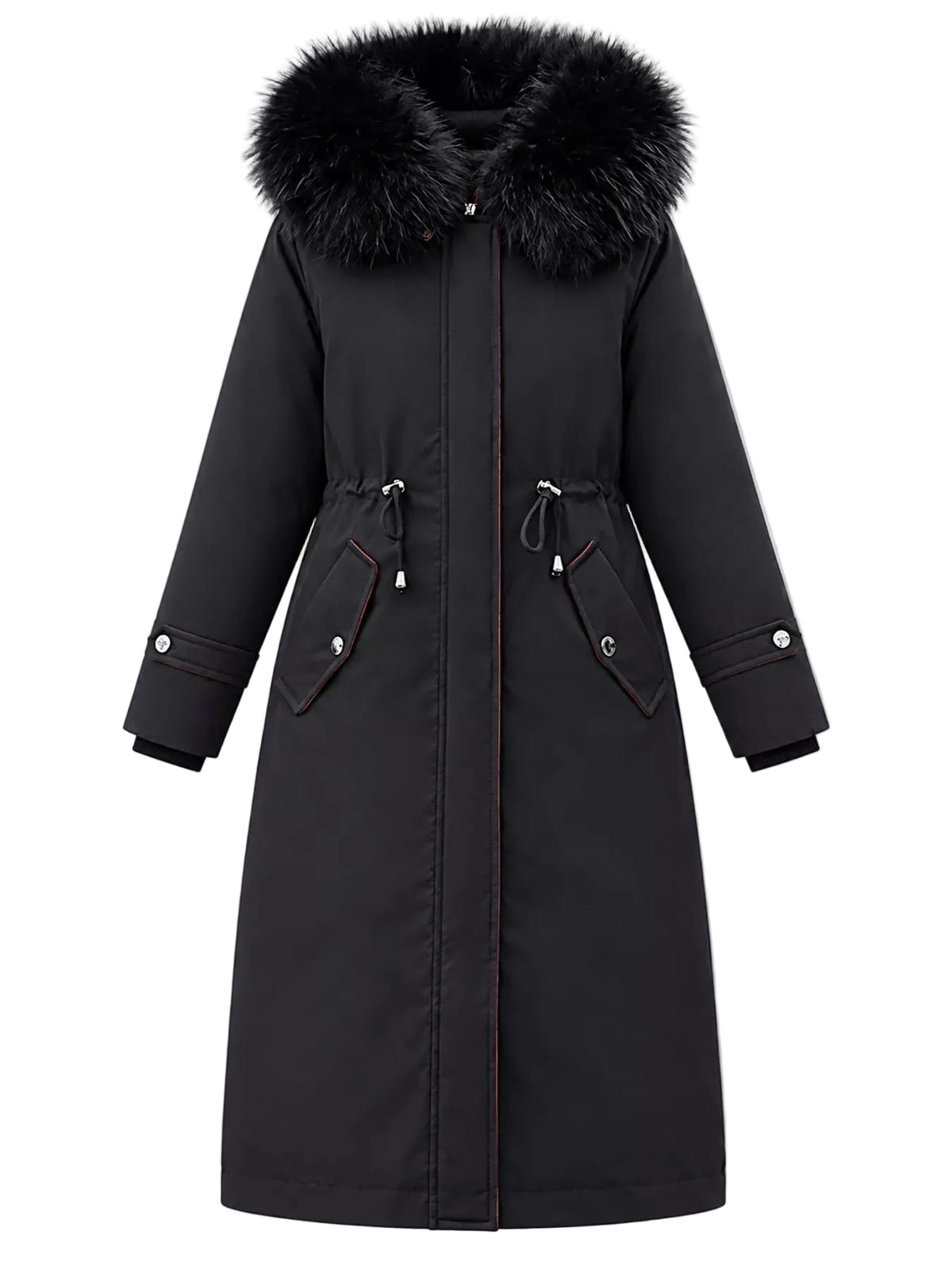 A long black parka coat with a large black fur-trimmed hood, featuring a front zipper, drawstring waist, and zippered hand pockets, shown against a plain light gray background.