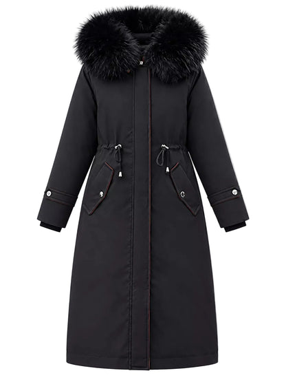 A long black parka coat with a large black fur-trimmed hood, featuring a front zipper, drawstring waist, and zippered hand pockets, shown against a plain light gray background.
