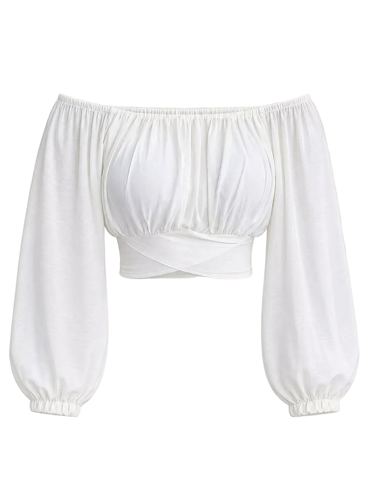 A white off-the-shoulder long-sleeve crop top with a gathered bust and elasticized cuffs, shown against a solid light beige background.