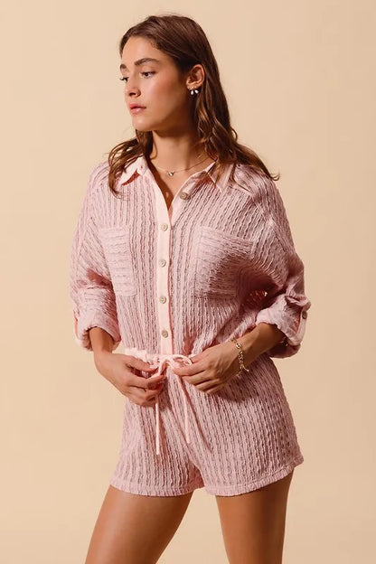 Textured Knit Button Front Romper.