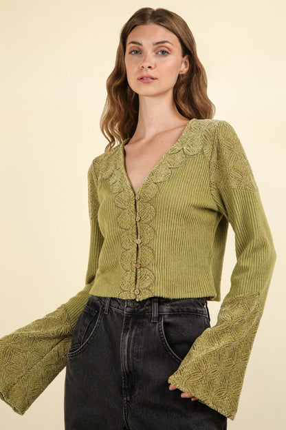 V-Neck Lace Detail Button Down Crop Ribbed Knit Top