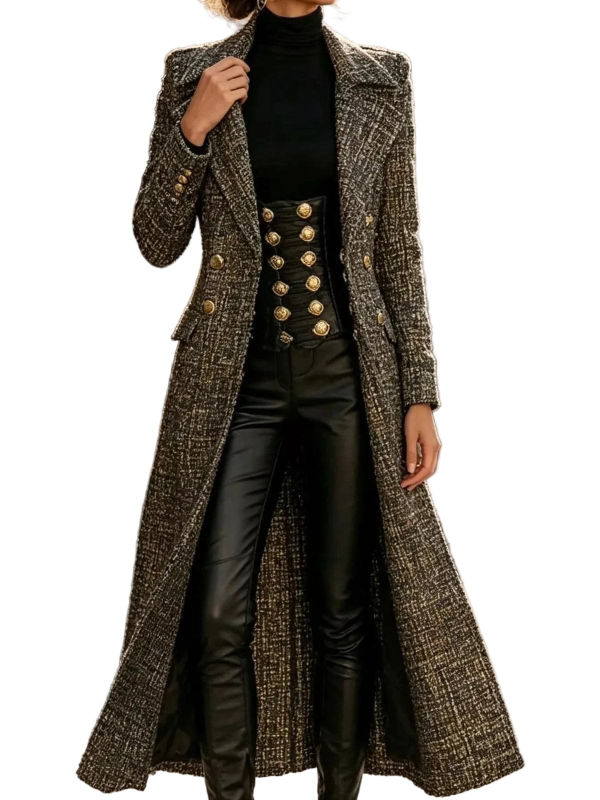 A woman wearing a long double-breasted tweed coat in brown and black with gold buttons, styled over a black turtleneck, a decorative black vest with gold buttons, black leather pants, and black boots, standing on a cobblestone street.