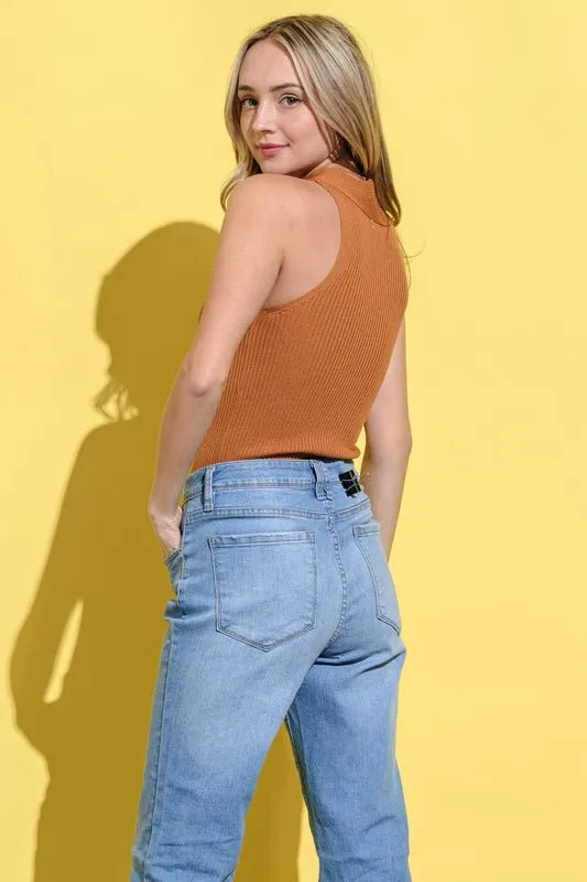 Basic Rib Cross Halter Neck Tank Top.