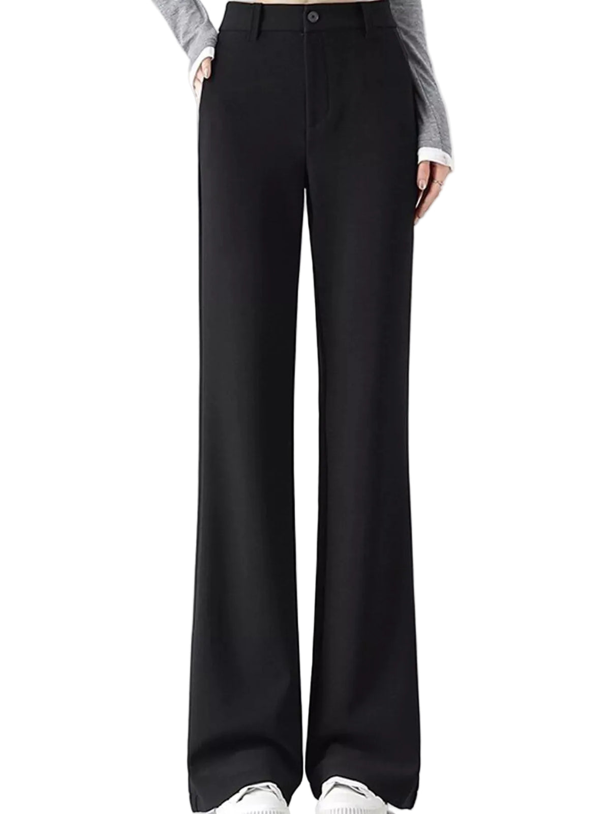 Black wide-leg trousers shown on a model from the waist down, paired with a gray long-sleeve top and white sneakers against a plain white studio background.