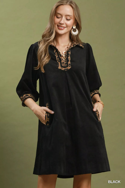 V-Neck Shift Dress with Contrast Trim