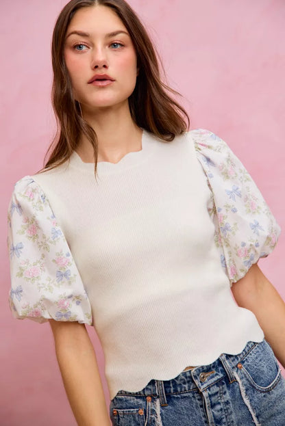 Floral Cotton Contrast Sleeves Scallop Sweater Top