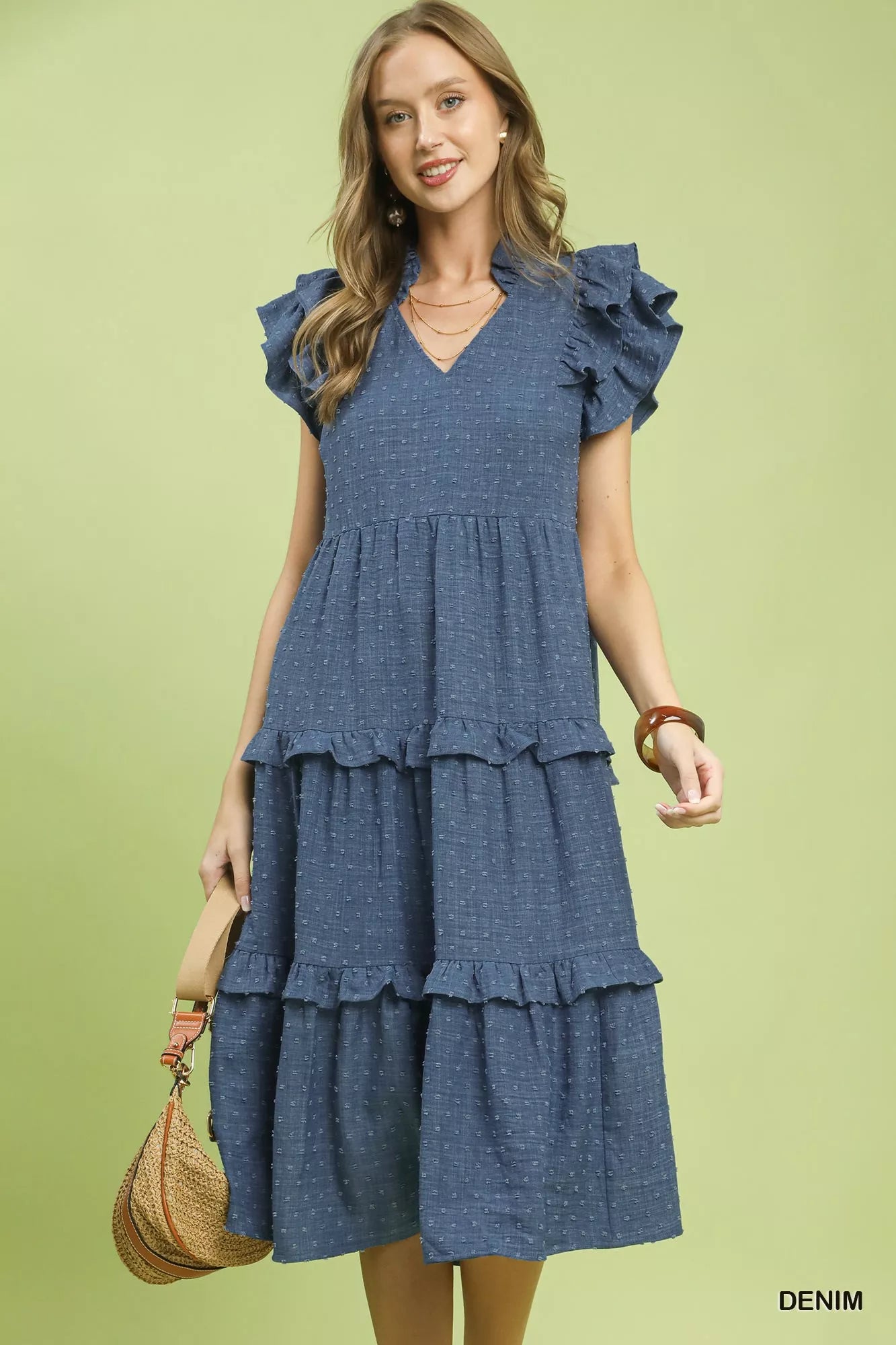 Textured Ruffle Sleeve Tiered Midi Dress