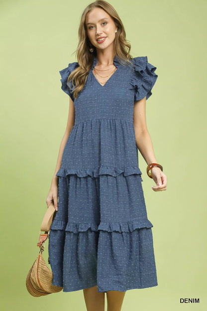 Textured Ruffle Sleeve Tiered Midi Dress