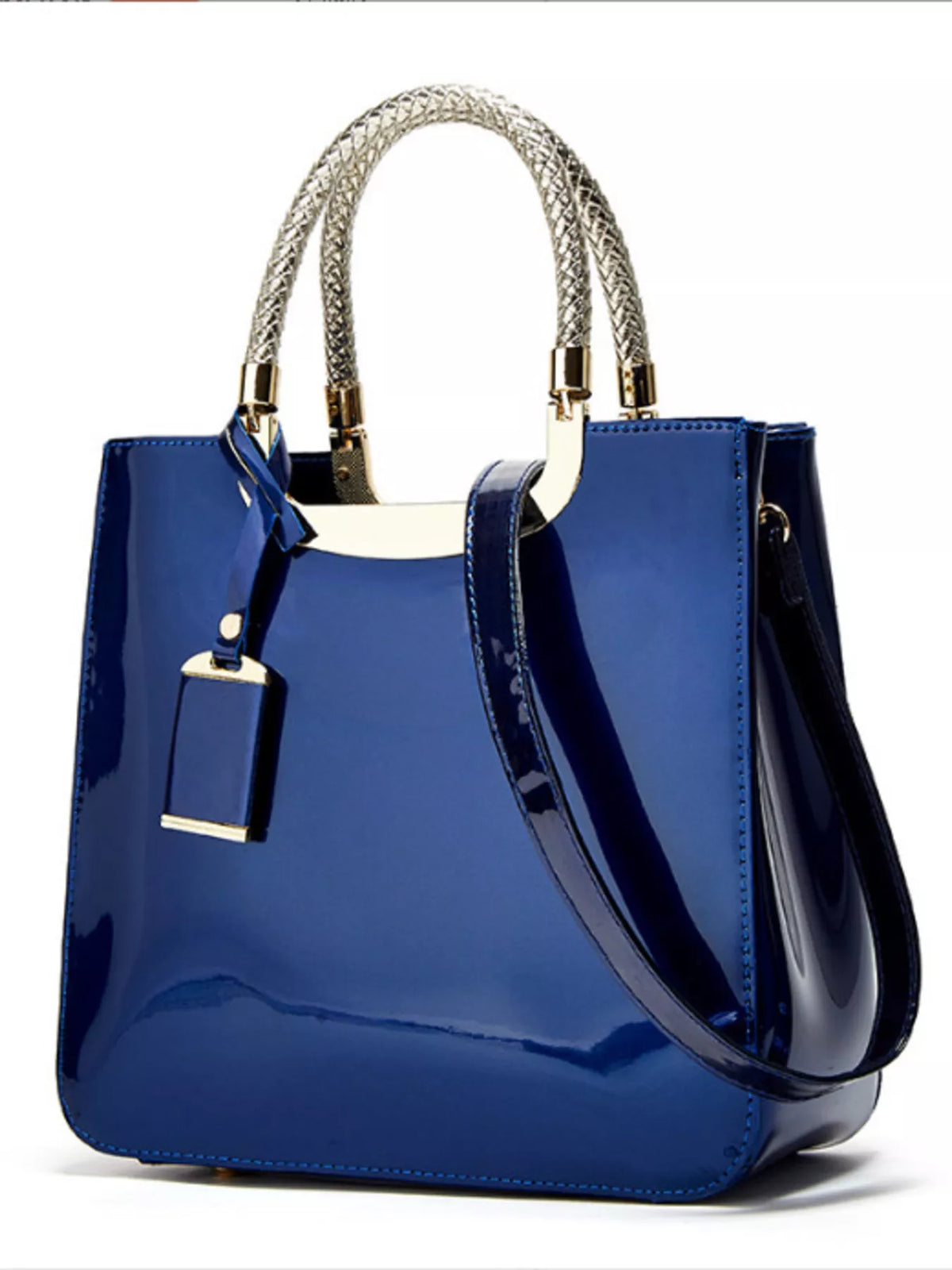 A glossy blue patent leather handbag with braided top handles, a matching blue leather shoulder strap, and gold-tone hardware, shown on a plain white background.