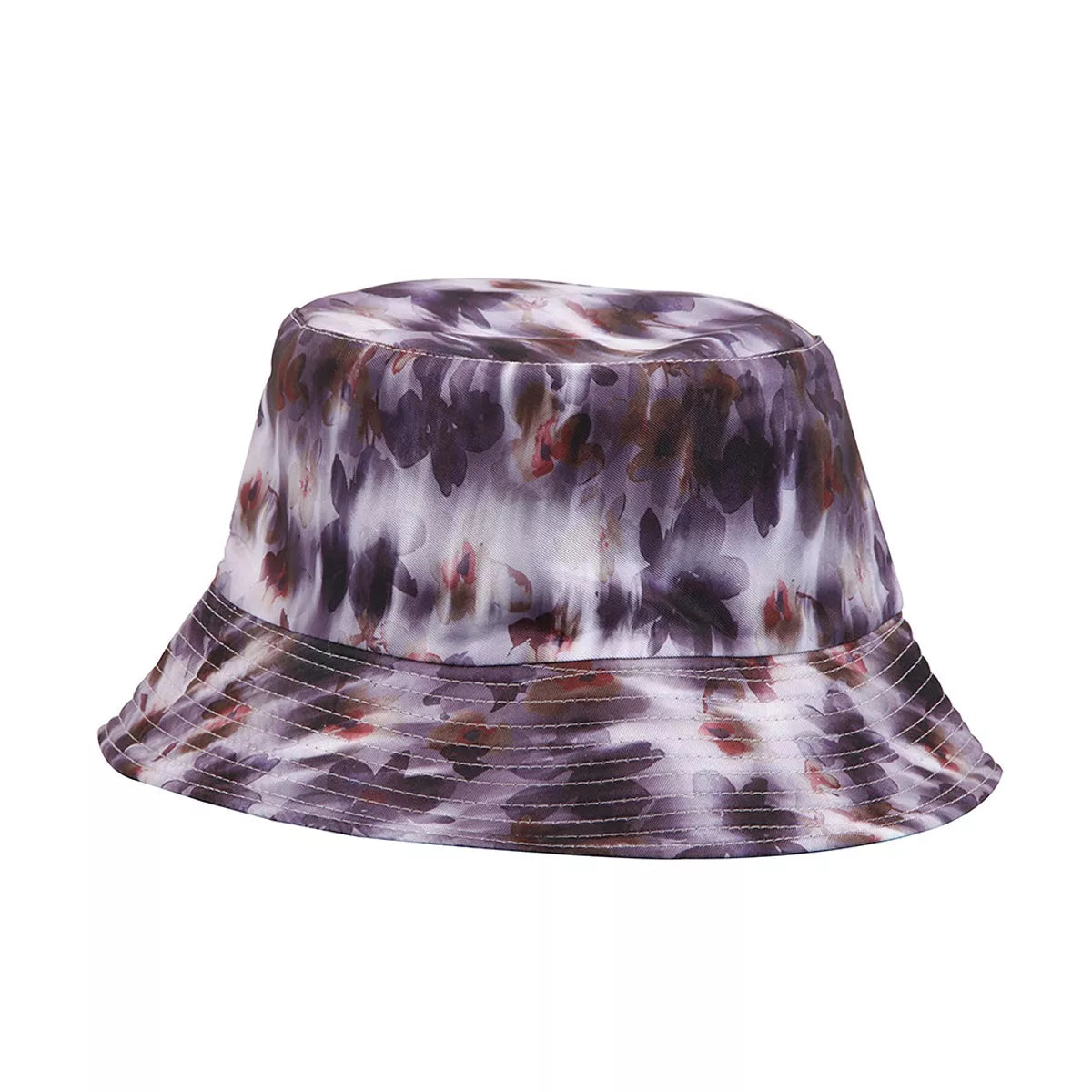 A bucket hat with an abstract tie-dye pattern in purple, white, and brown, shown against a plain white background.