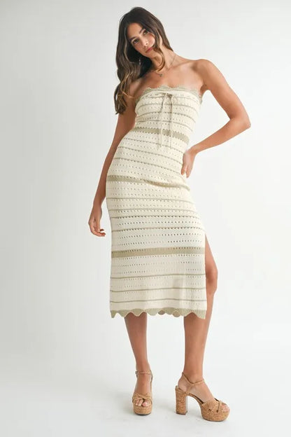 Contrast Striped Crochet Knit Midi Dress.
