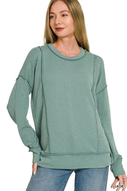 Corded Rib Long Sleeve Round Neck Top