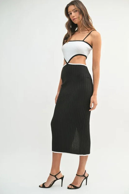 Ribbed Knit Color Block Cutout Midi Dress.