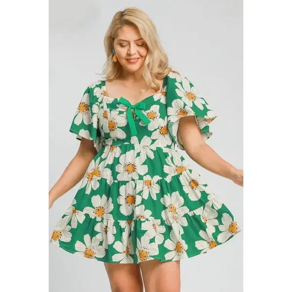 Daisy Print Mini Dress with Ribbon Details.