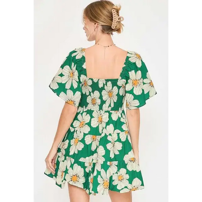 Daisy Print Mini Dress with Ribbon Details.