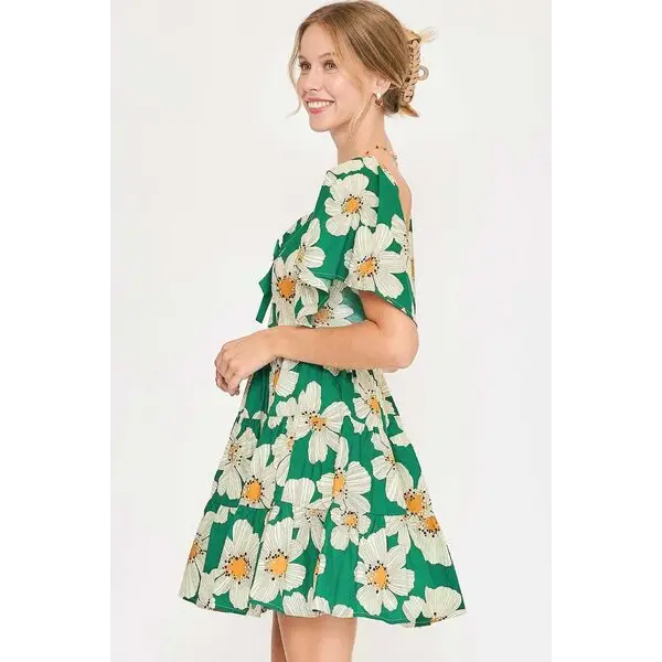 Daisy Print Mini Dress with Ribbon Details.
