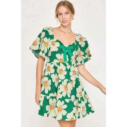 Daisy Print Mini Dress with Ribbon Details.