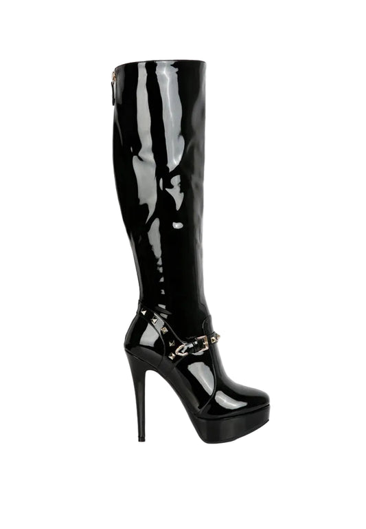 Black patent knee-high boot with high heel and platform on a white background